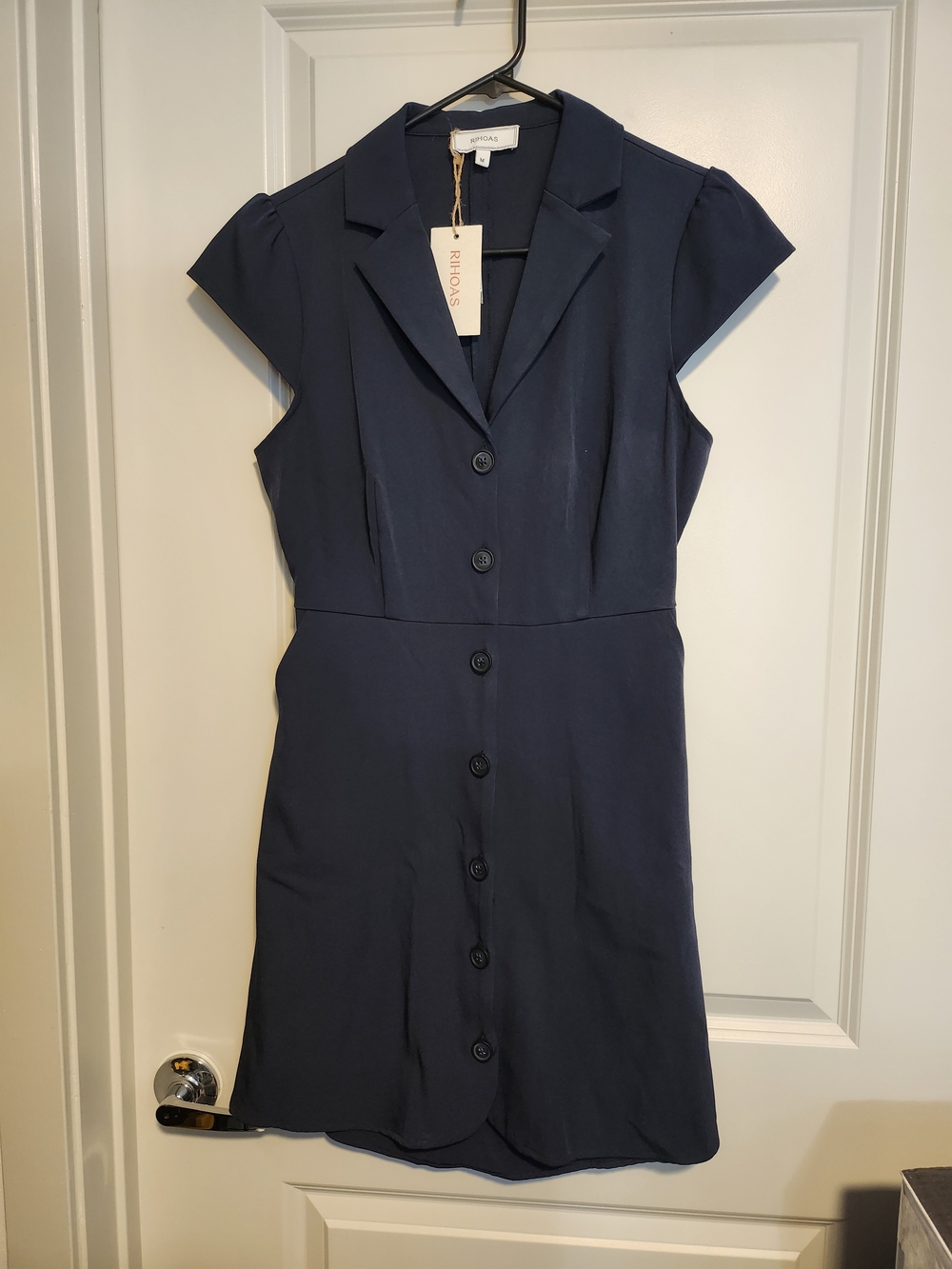 RIHOAS Navy Button-Front Cap Sleeve Dress